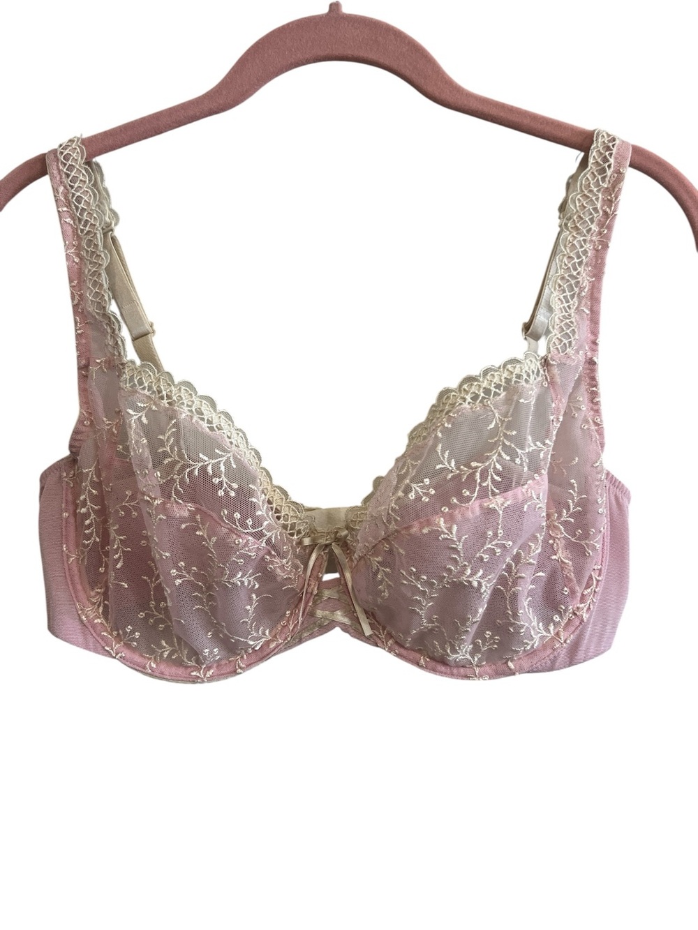 Victoria's Secret Pink Lace Embroidered Underwire Balconet Bra with Cream Trim